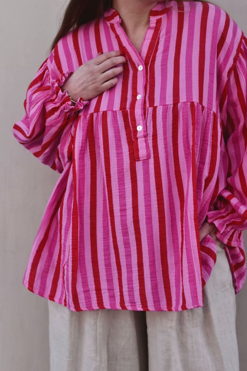 Rød/rosa - Oversized stripet Bomulls Bluse